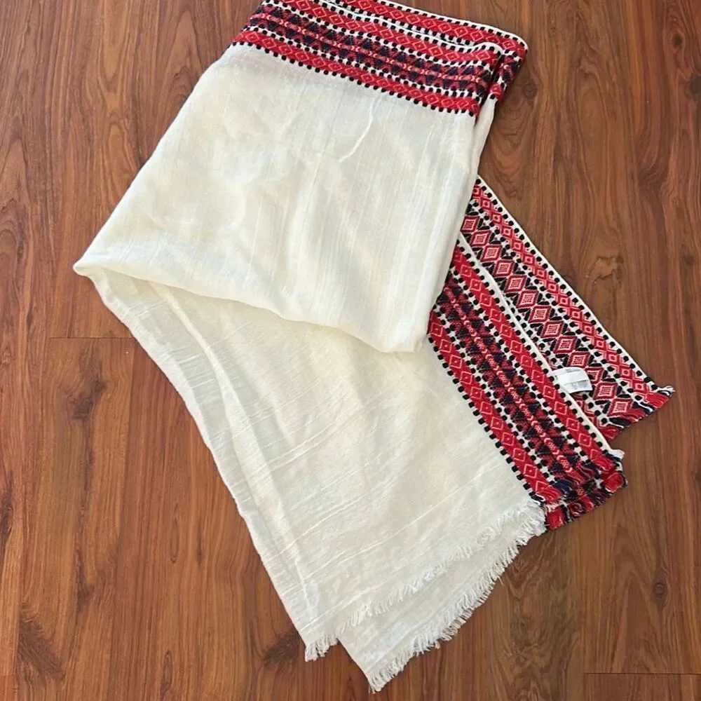 J crew XL gauze lightweight shawl scarf. Cream red navy embroidered